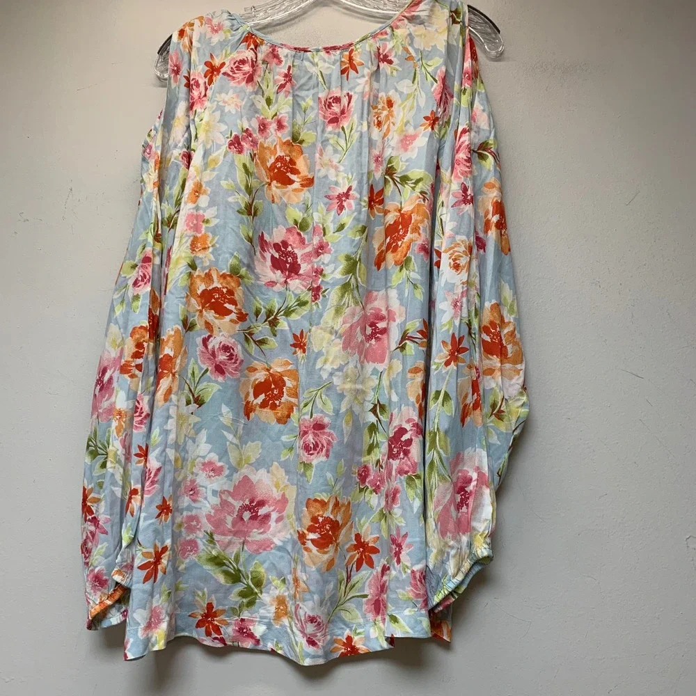 J.Jill Cold Shoulder Blouse Womens Large Blue Floral Rayon Excellent Boho Top - Picture 6 of 7